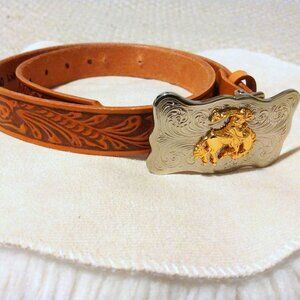 Justin Tooled Leather Brown Western Belt 26 w/Rodeo Buckle Floral Cowboy USA